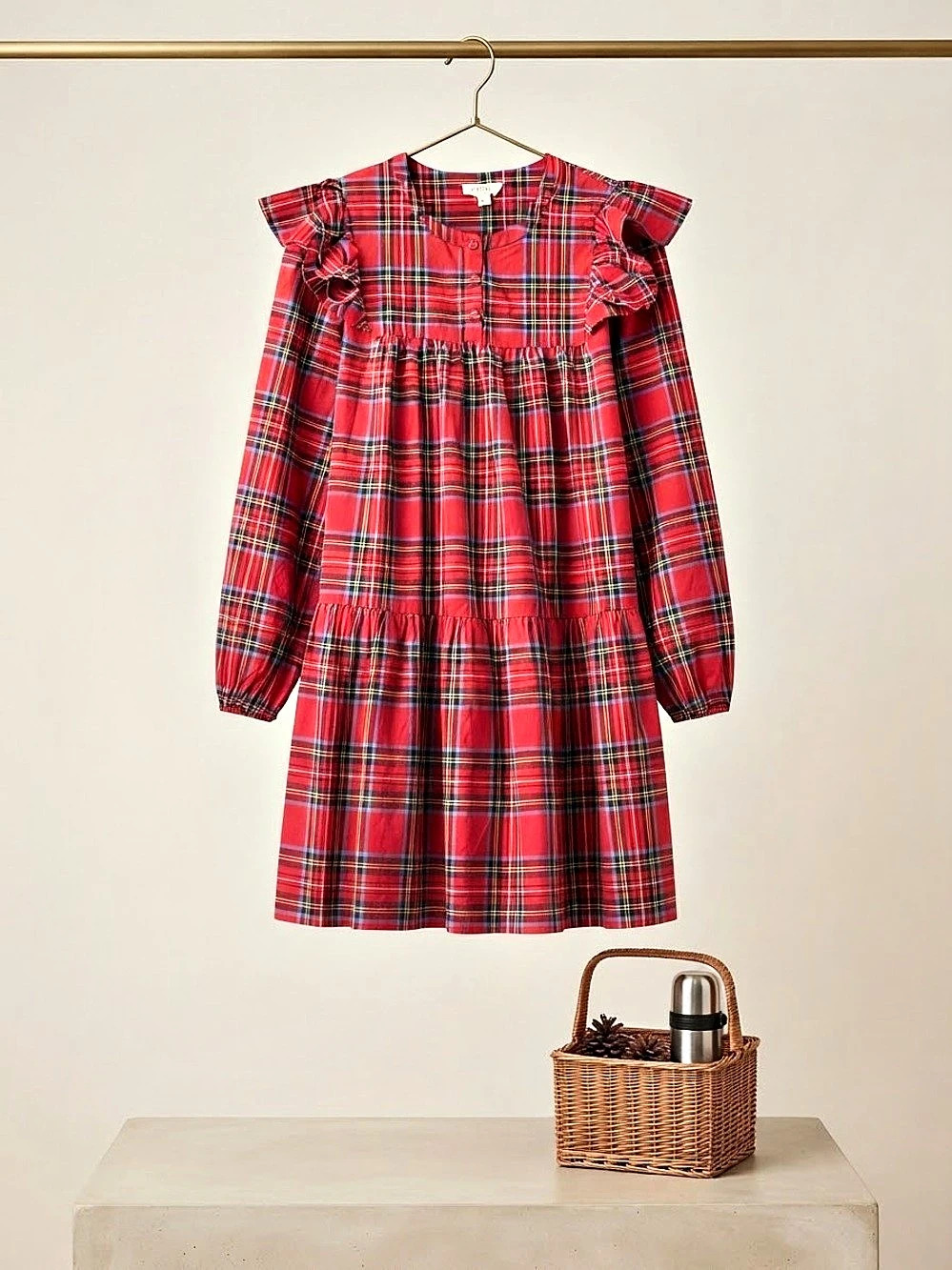 Aura Plaid Ruffle Dress in Red & Blue & Green